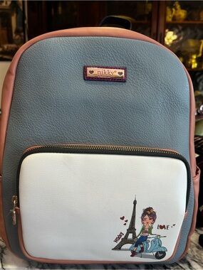 Nicole Lee Gray, Pink & White Colorblock Backpack with Paris Scooter Graphic